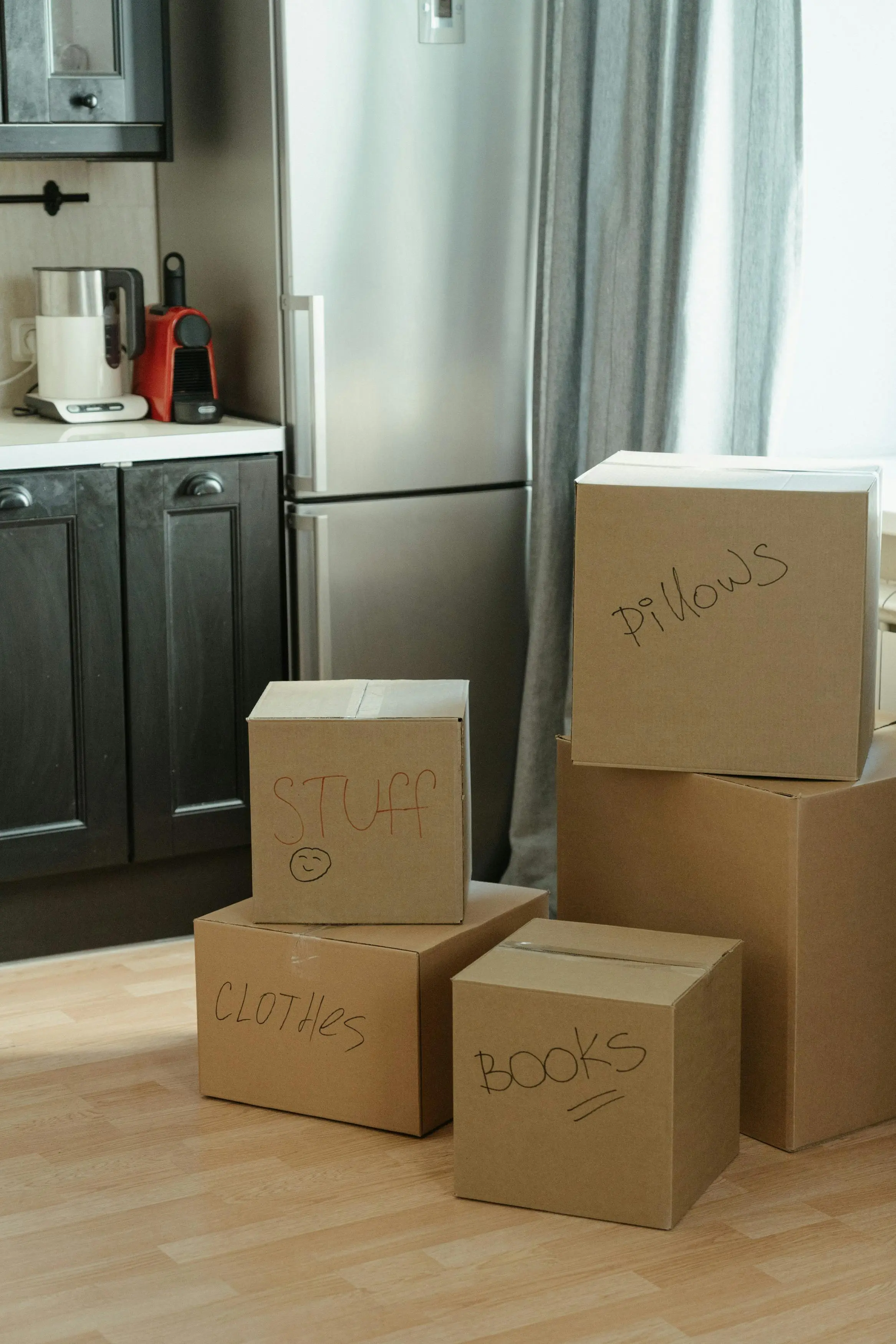 Storage boxes labeled inside a home